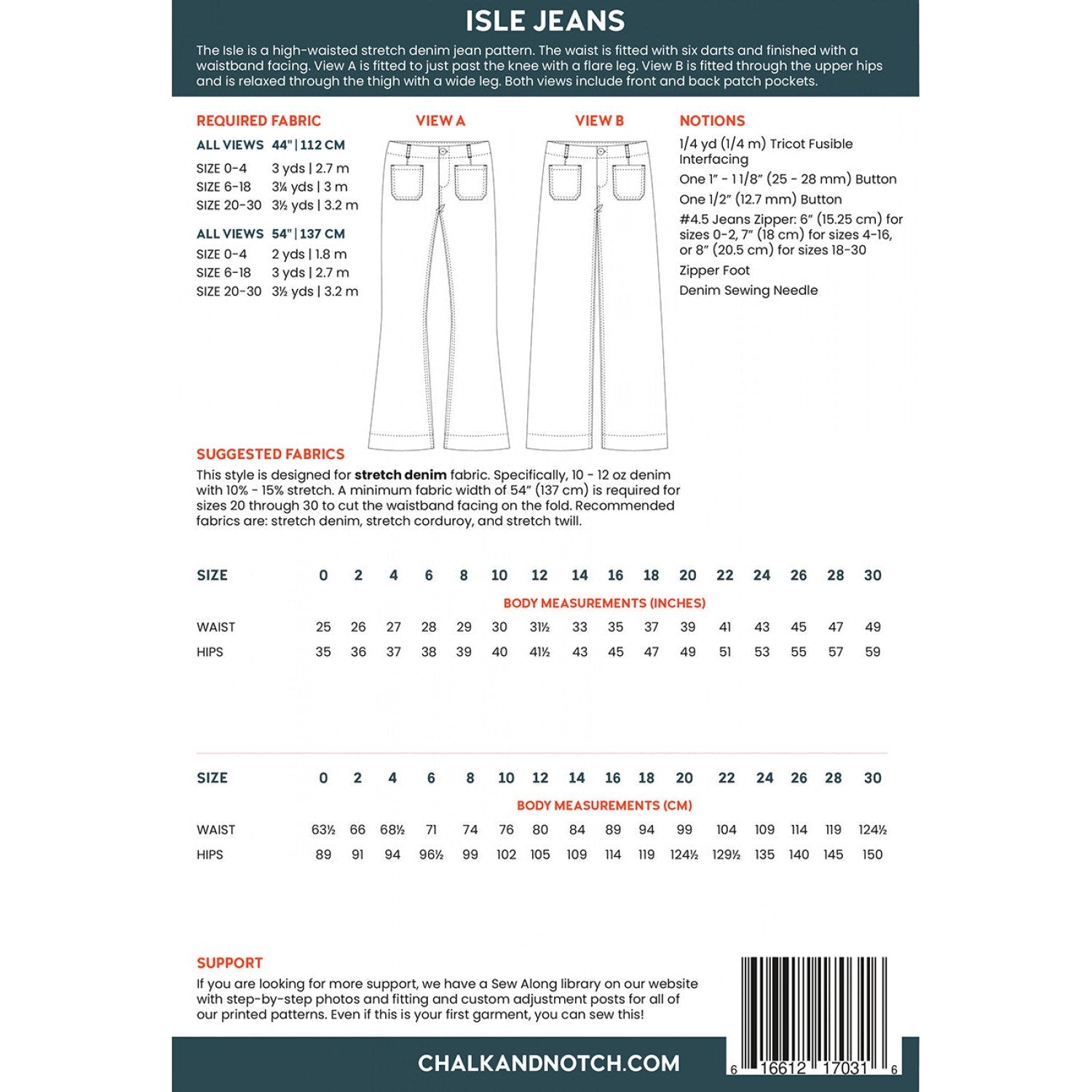 Chalk & Notch Isle Jeans Flare and Wide Leg Paper Pattern-Pattern-Spool of Thread