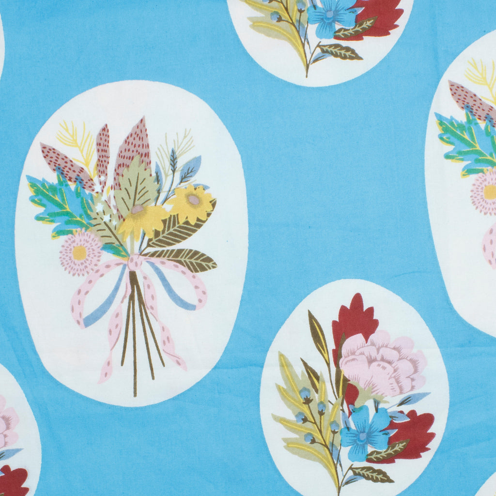 Cotton Block Print Lawn Floral Frame Turquoise ½ yd-Fabric-Spool of Thread