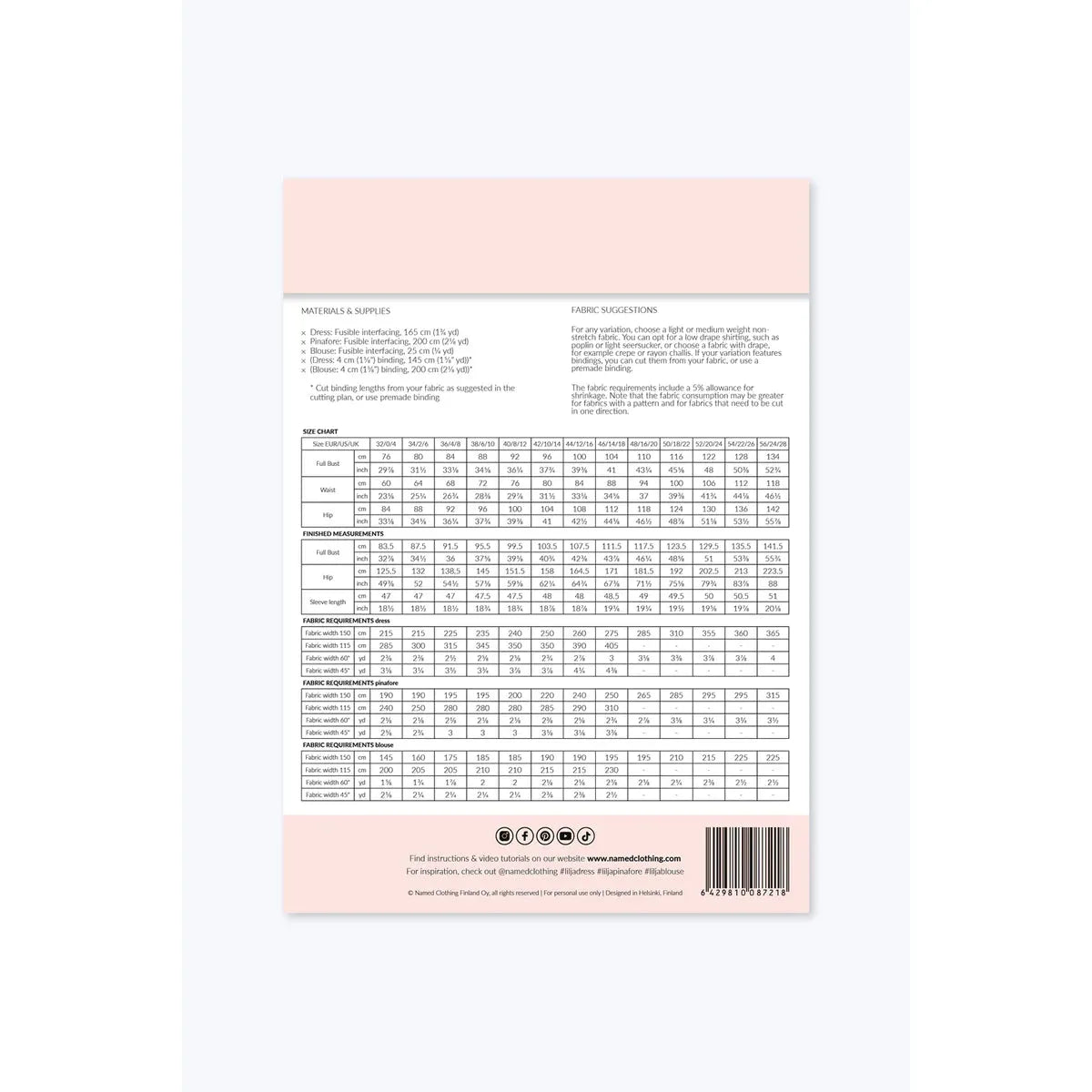 Named Lilja Dress, Pinafore, and Blouse Paper Pattern