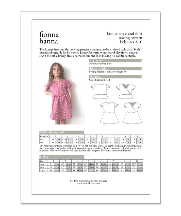 Fiona Hanna Lumen Dress and Shirt Paper Sewing Pattern