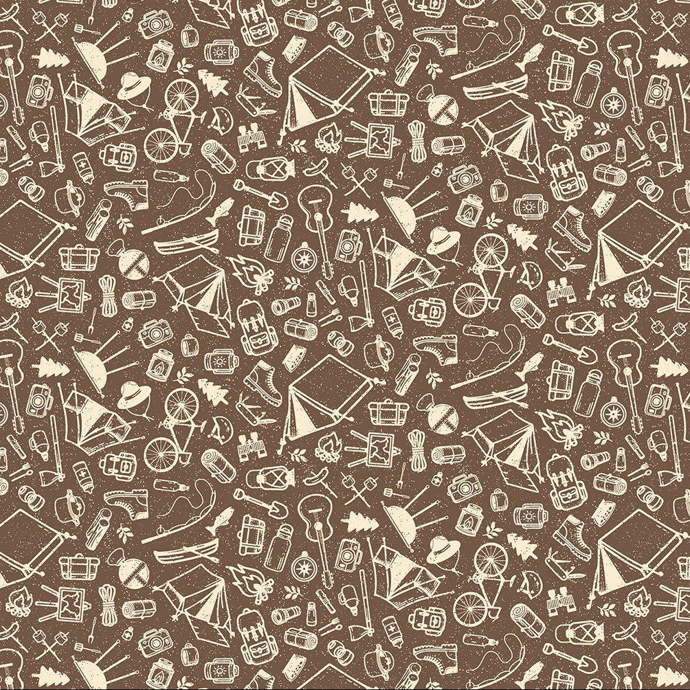 Camping Therapy Sketches Brown ½ yd