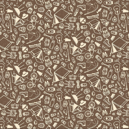 Camping Therapy Sketches Brown ½ yd