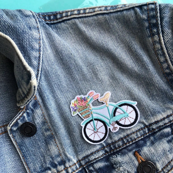 Bicycle with Flower Basket Iron-on Embroidered Patch-Notion-Spool of Thread