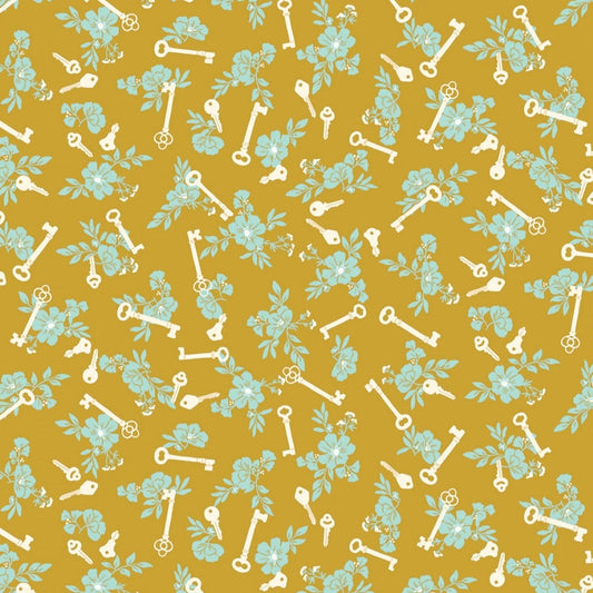 Blossom Lane Keys Gold ½ yd-Fabric-Spool of Thread