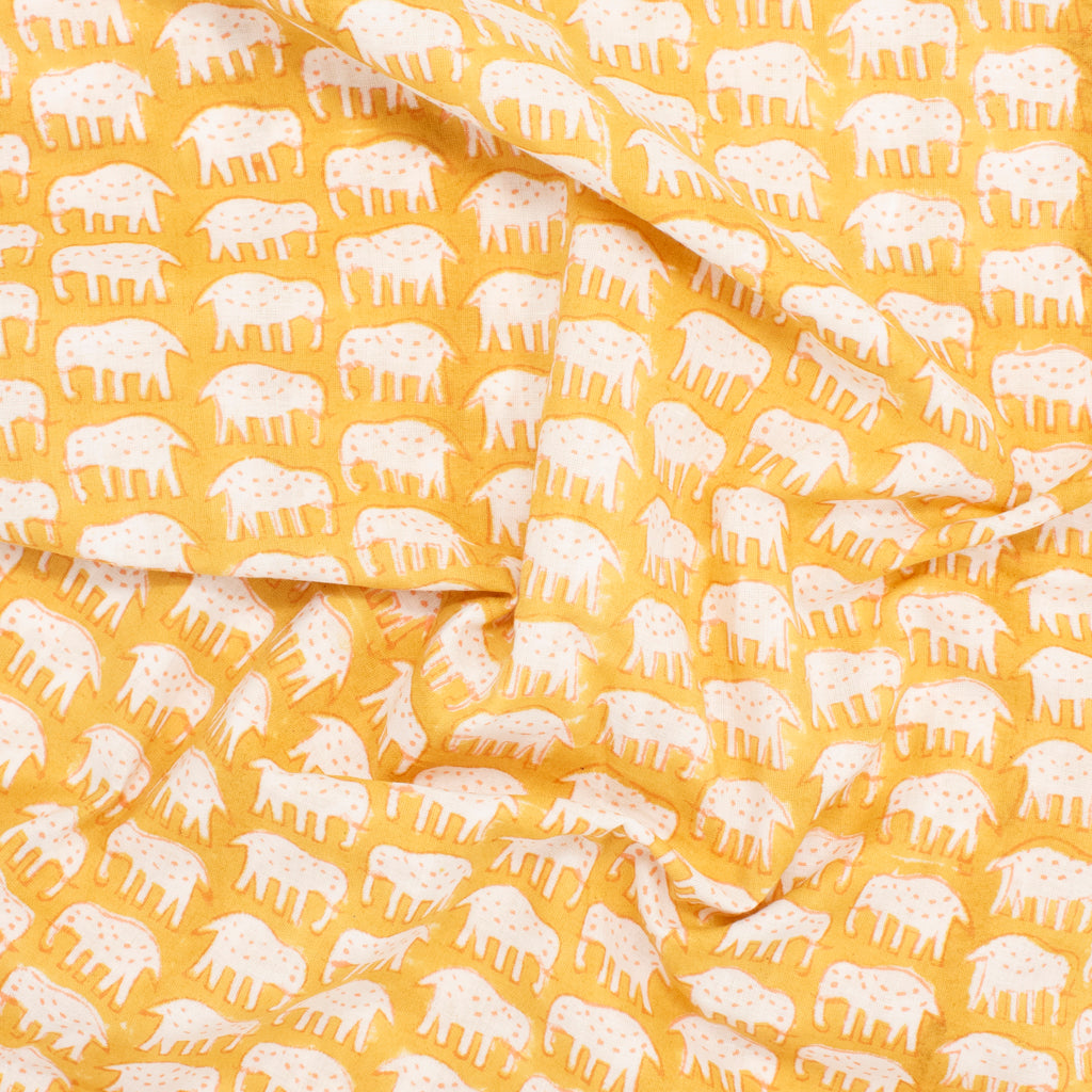 Cotton Block Print Lawn Elephant Mustard ½ yd-Fabric-Spool of Thread