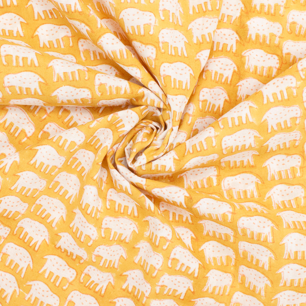 Cotton Block Print Lawn Elephant Mustard ½ yd-Fabric-Spool of Thread