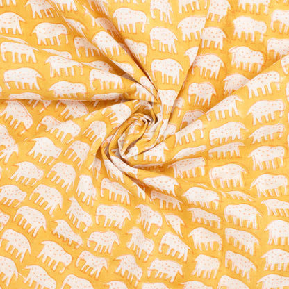 Cotton Block Print Lawn Elephant Mustard ½ yd-Fabric-Spool of Thread