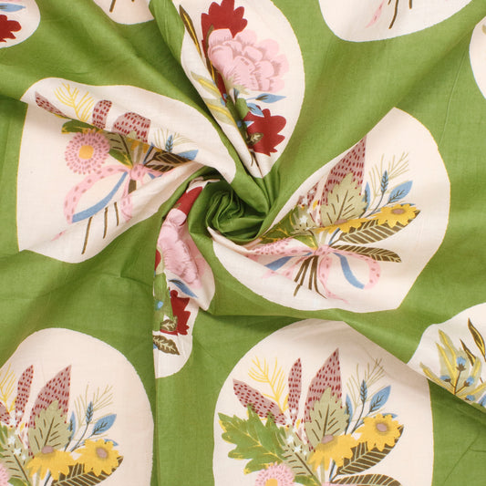 Cotton Block Print Lawn Floral Frame Spring Green ½ yd-Fabric-Spool of Thread