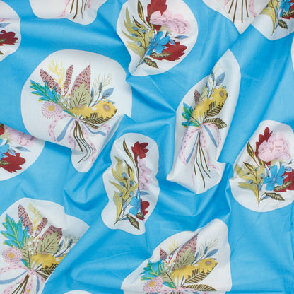 Cotton Block Print Lawn Floral Frame Turquoise ½ yd-Fabric-Spool of Thread