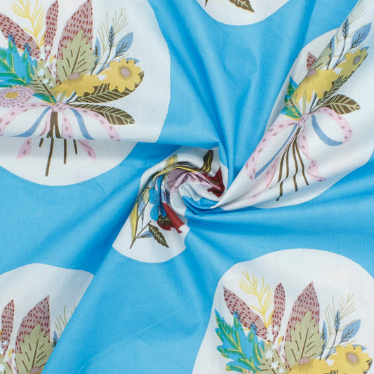 Cotton Block Print Lawn Floral Frame Turquoise ½ yd-Fabric-Spool of Thread