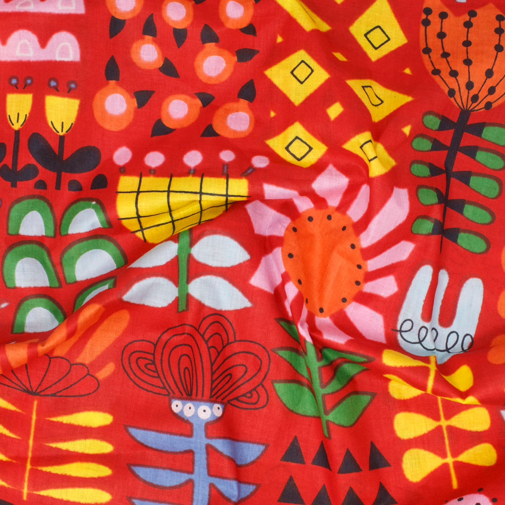 Cotton Block Print Lawn Mid Century Floral Candy Red ½ yd-Fabric-Spool of Thread