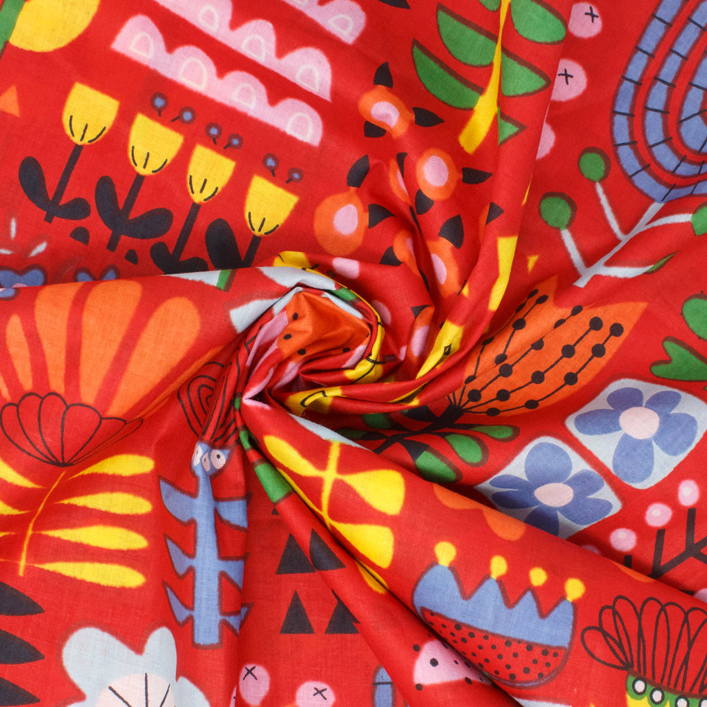 Cotton Block Print Lawn Mid Century Floral Candy Red ½ yd-Fabric-Spool of Thread