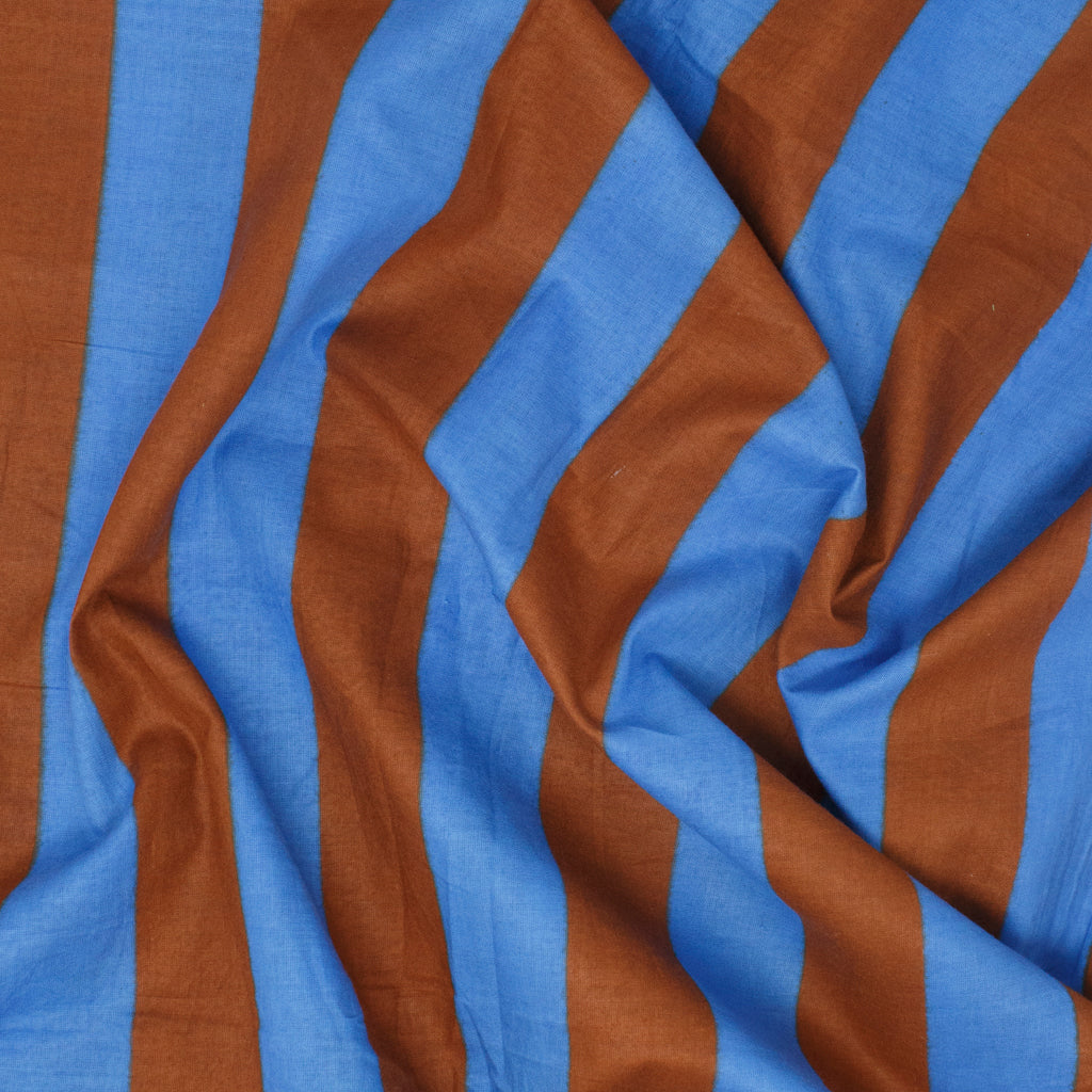Cotton Block Print Lawn Stripe Blue Brown ½ yd-Fabric-Spool of Thread