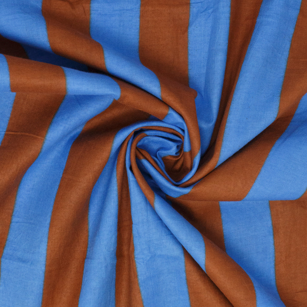 Cotton Block Print Lawn Stripe Blue Brown ½ yd-Fabric-Spool of Thread