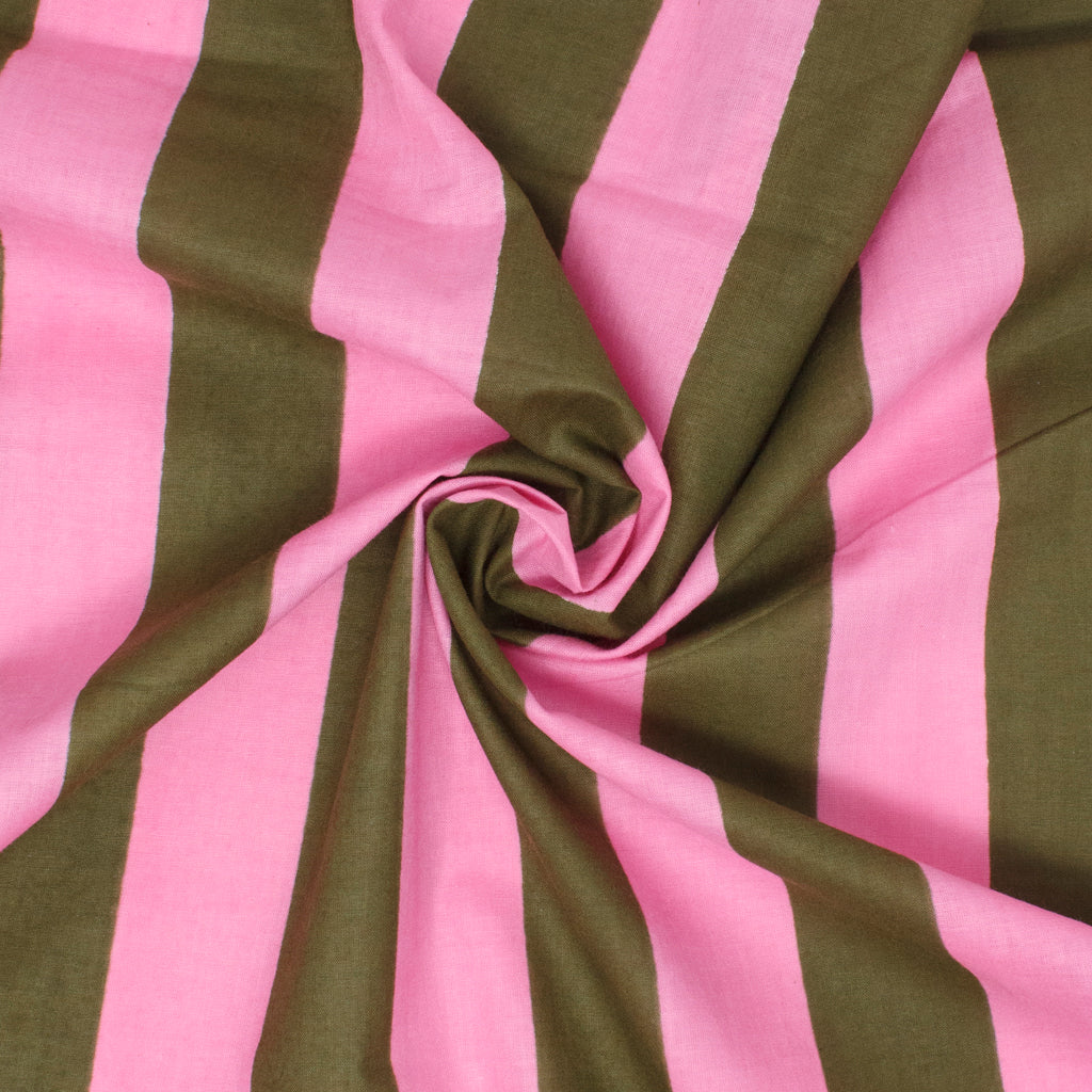 Cotton Block Print Lawn Stripe Green Pink ½ yd-Fabric-Spool of Thread