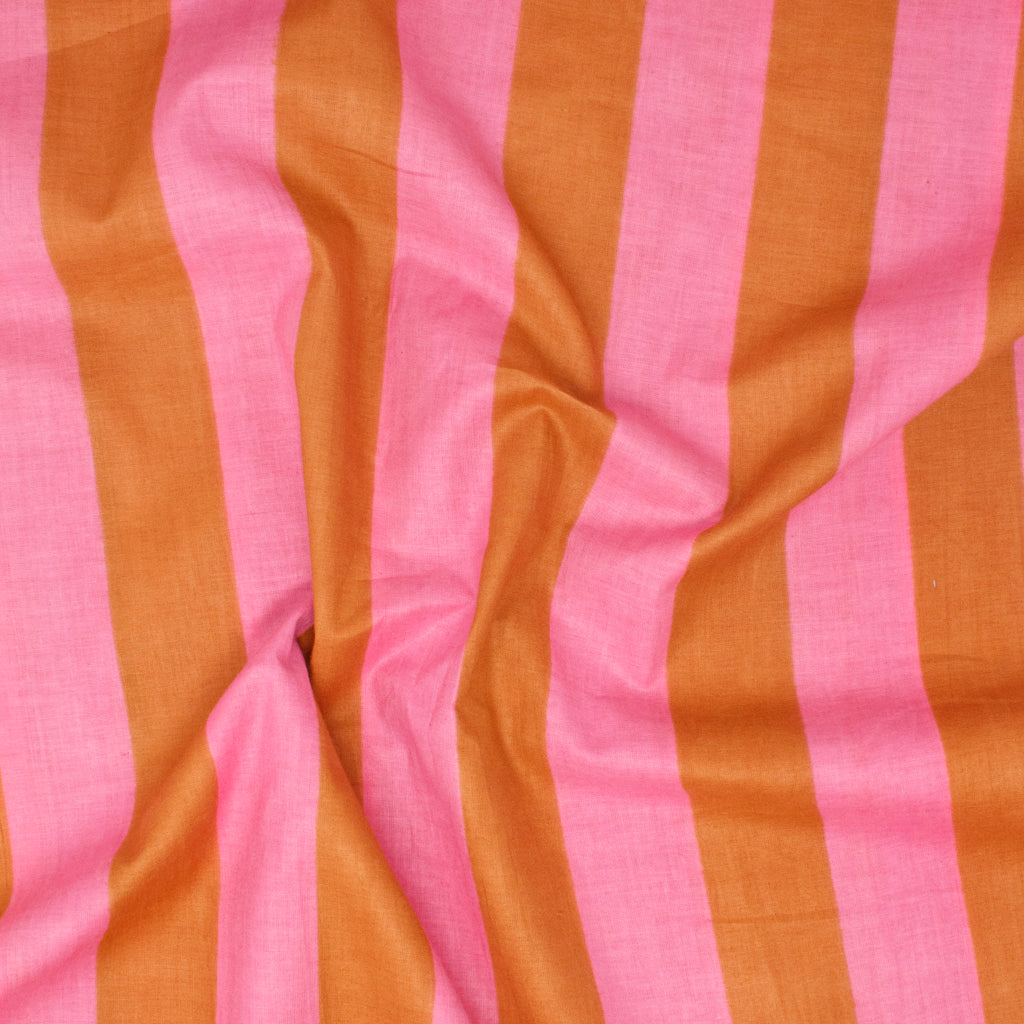 Cotton Block Print Lawn Stripe Pink Mustard ½ yd-Fabric-Spool of Thread