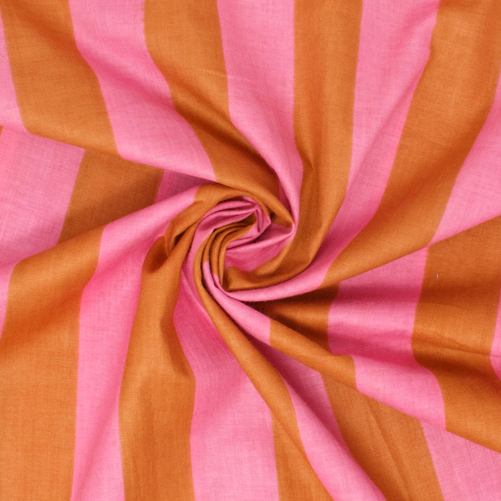 Cotton Block Print Lawn Stripe Pink Mustard ½ yd-Fabric-Spool of Thread