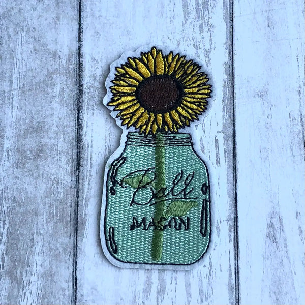 Mason Jar with Sunflower Iron-on Embroidered Patch-Notion-Spool of Thread