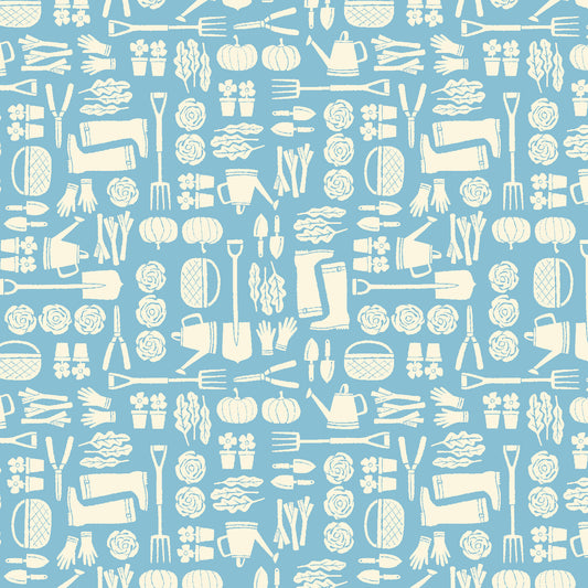 REMNANT In The Vegetable Garden Garden Sky Blue - 0.91 yards-Fabric-Spool of Thread
