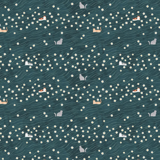 REMNANT Paws & Play Cat Field Teal - 1.1 yards-Fabric-Spool of Thread