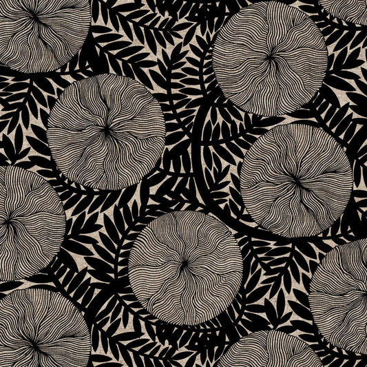 Rhythm & Leaves Linen Cotton Canvas Large Floral Black ½ yd-Fabric-Spool of Thread