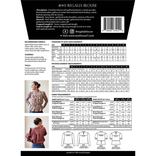 Sew House Seven Regalia Blouse Sizes 00-20 Paper Pattern