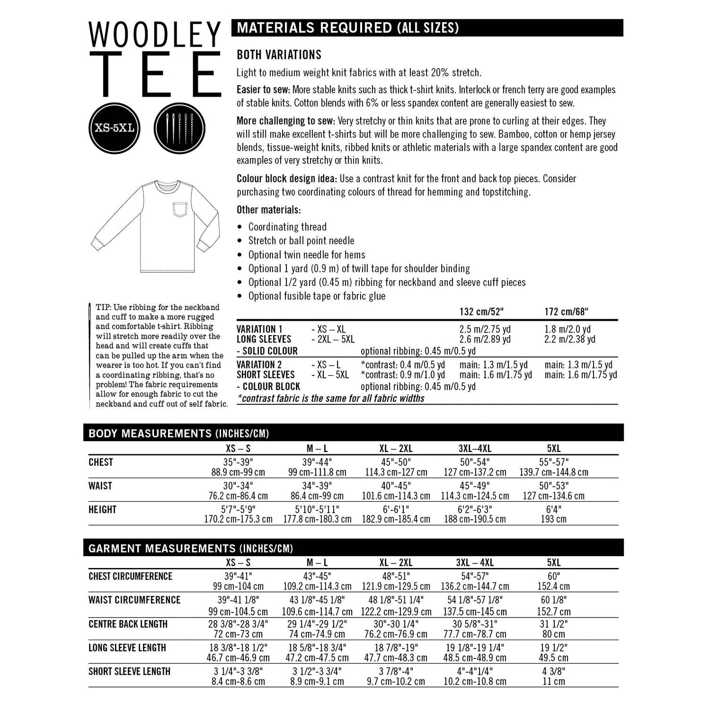 Thread Theory Woodley Tee Men's Sizing Paper Pattern