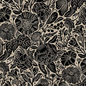 In The Dawn Linen Cotton Canvas Large Flowers Black ½ yd-Fabric-Spool of Thread