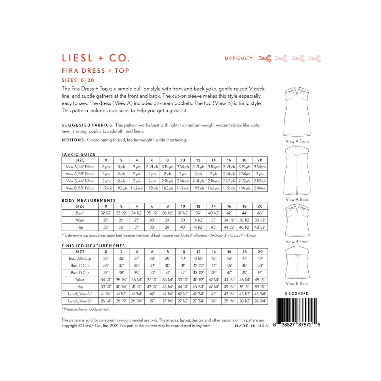 Liesl + Co. Fira Dress and Top Paper Pattern-Pattern-Spool of Thread