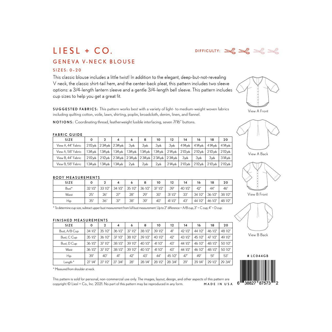 Liesl + Co. Geneva V-Neck Blouse Paper Pattern-Pattern-Spool of Thread