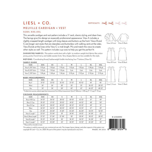 Liesl + Co. Melville Cardigan + Vest Paper Pattern-Pattern-Spool of Thread